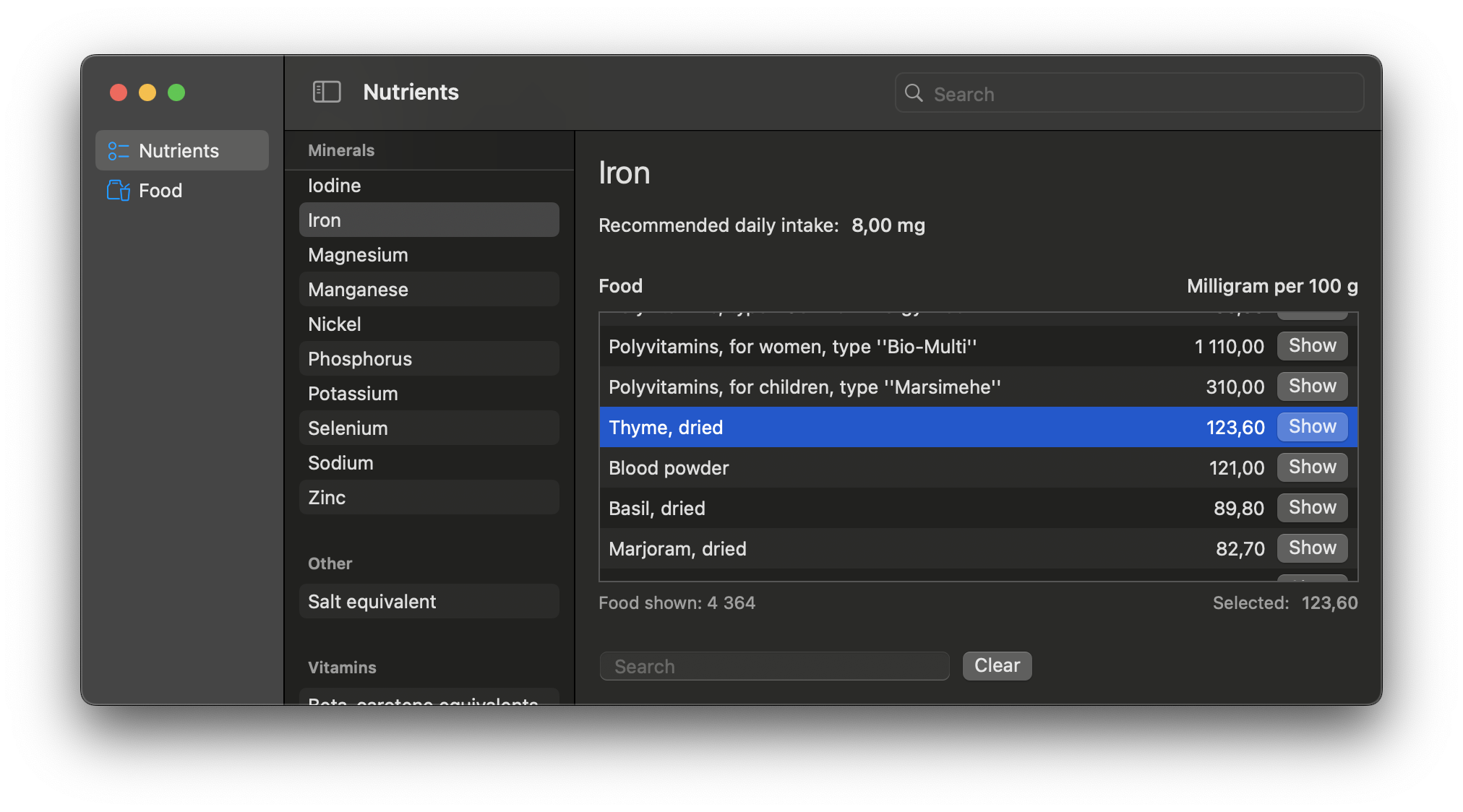 Nutrients macOS application with nutritional data for Estonian groceries